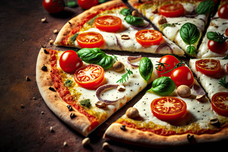 Delicious pizza with thick cheese filling decorated with whole ripe tomatoesの素材