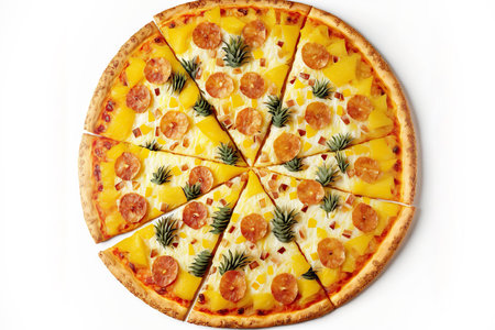 Round large Hawaiian pizza decorated with green isolated on white backgroundの素材