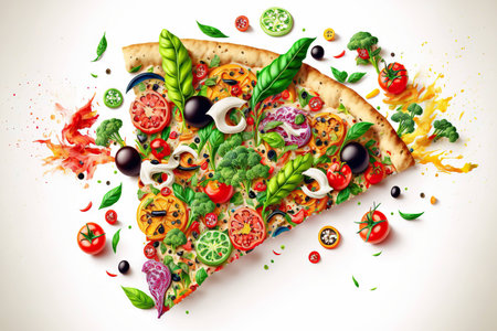 Individual slices of pizza with bright filling of vegetables isolated on white backgroundの素材