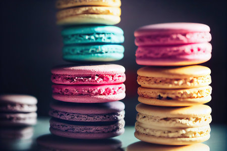 Stack of crispy French macaroons cookies on black backgroundの素材