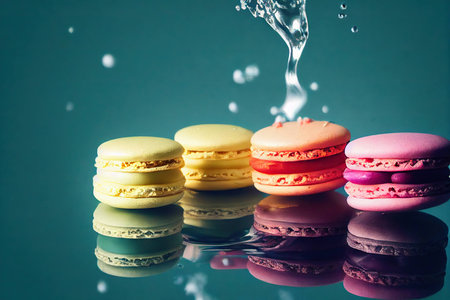 French dessert macaroons on dark mirror background with splashes of waterの素材