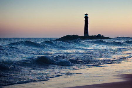 Beautiful sunset landscape with high lonely lighthouses on rocky sea slopeの素材