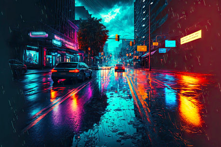 rainy city streets background of wet asphalt with neon light , made with generative aiの素材