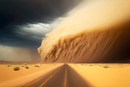 large sand storm formed from grey cloud over road in desert , made with generative aiの素材
