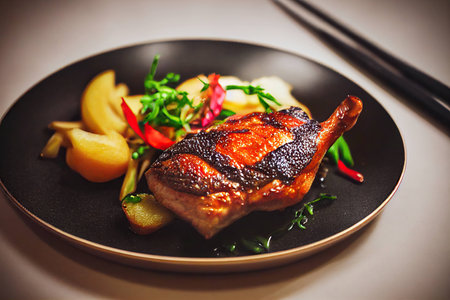 Asian fast food delicious fried duck with rosy crust on plate with vegetables and herbsの素材