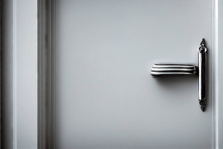 Modern door handle with horizontal silver metal furrows on white doorの素材