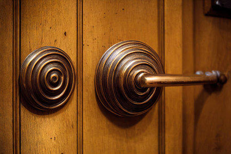 Beautiful horizontal door handles with spiral decoration made of aged metalの素材