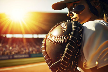 Athlete stands in stadium and holds baseball ball in his hand, generative aiの素材