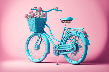 Beautiful blue bicycling bike with cargo basket on front, generative aiの素材