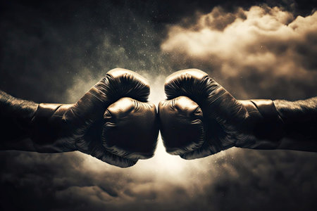 Strong blow with boxing gloves against background of blue sky and clouds mixed martial arts MMAの素材