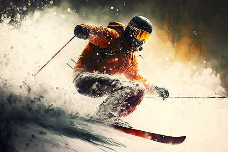 Extreme lifestyle skiing skier in alps descending from mountain at speed, generative aiの素材