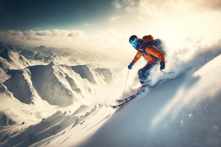 Active lifestyle athlete skier gliding down mountain in snow skiing, generative aiの素材