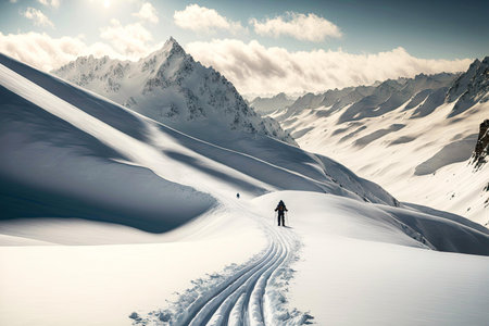 Snow ski run in mountains against backdrop of sky and sun skiing, generative aiの素材