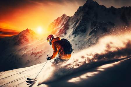 Skier in mountains riding in snow against backdrop of sunset skiing, generative aiの素材