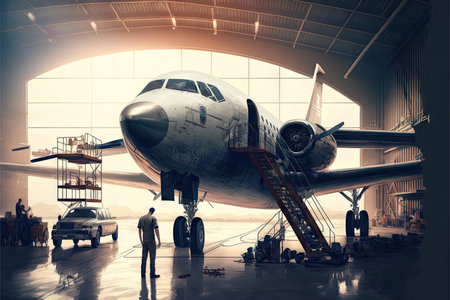 Passenger aircraft on maintenance of engine and fuselage repair in airport hangar. Aviation industry conceptの素材
