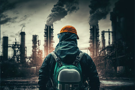 Rear view of worker in protective uniform working at chemical industry plantの素材