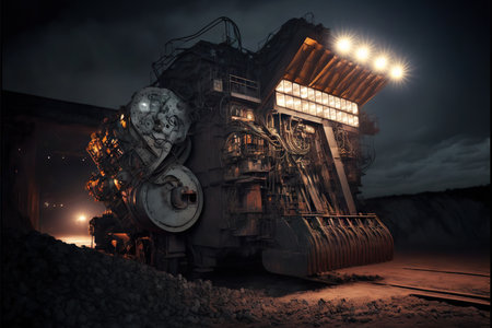 A back-filling machine in an open coal mine at night, mining industryの素材