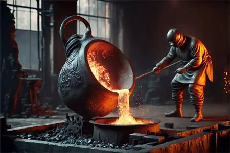 Ancient indian foundry, worker pouring liquid iron molten metal in container, industrial metallurgical factory, industryの素材
