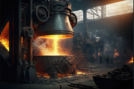 Steel mill factory, molten metal in vat, metallurgical industryの素材
