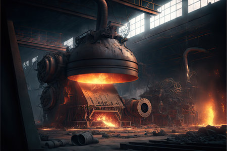 Pouring of liquid metal in open hearth workshop, metallurgical industryの素材