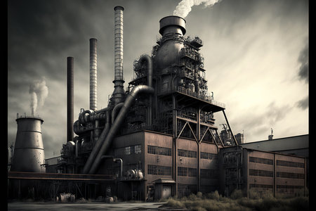 Heavy smoking metallurgical factory at night, industry areaの素材
