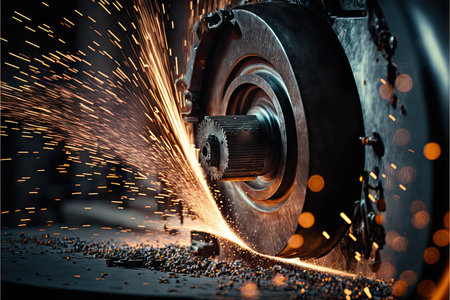 Closeup of sparks from grinding metal details on metallurgical industry machineの素材