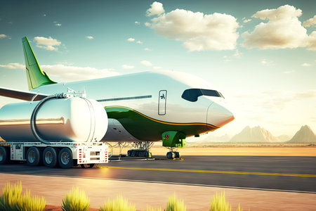 Large passenger aircraft stands on runway next to tanker truckの素材