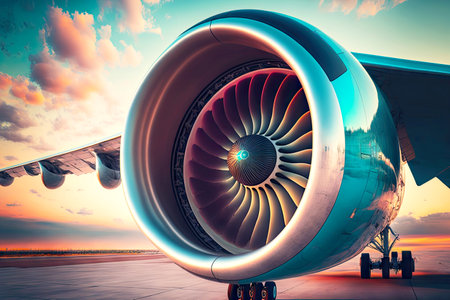 Engine of powerful modern passenger aircraft parked on runwayの素材