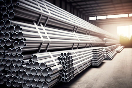 Long metal pipes stored in stock of aluminum industry factoryの素材