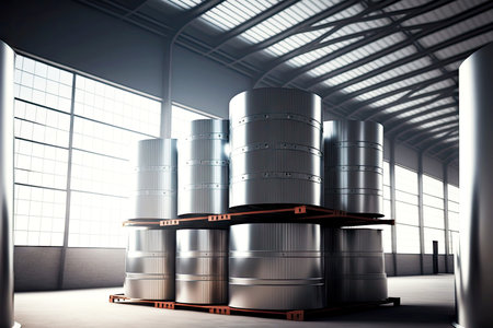 Large light warehouse with finished products in form of aluminum foil in warehouse of aluminum industryの素材