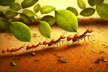 Industrious and strong ants carrying leaves to build their anthillの素材