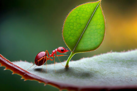 Red strong ants carrying large green leafの素材