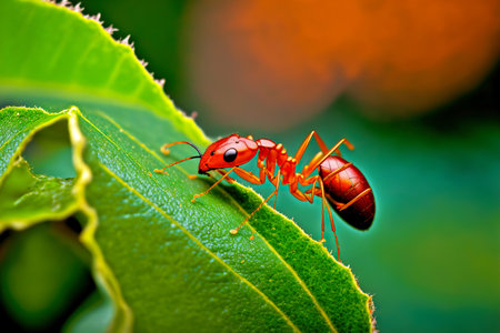 Red strong ants carrying large green leafの素材