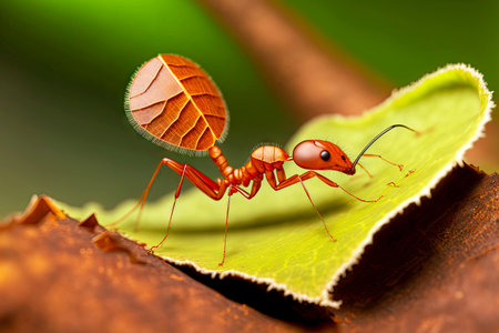 Large red ants carrying tree leaves into their anthillの素材