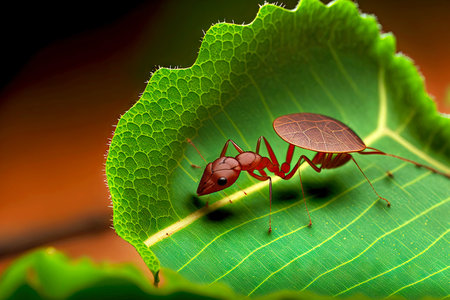 Ants carrying food and green leaves to their anthillの素材