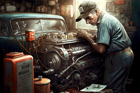 Master of automotive industry assembles car parts in workshopの素材