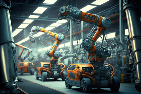 Modern technologically advanced robots assemble cars in large bright workshop of automotive industryの素材