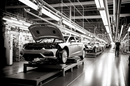 Many cars in automotive industry workshop for assembly and paintingの素材