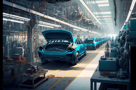 Many cars in automotive industry workshop for assembly and paintingの素材