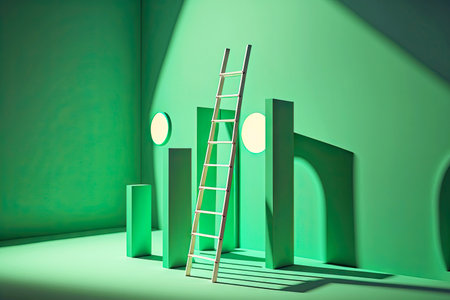Symbolic image of progress towards business goals in form of ladder on green backgroundの素材