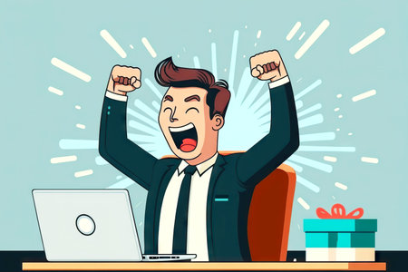 Image of cheerful man raising his hands up, who achieved business goalsの素材
