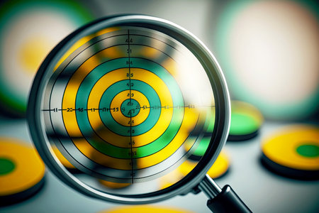 Business goals in symbolic image in form of magnifying glass with drawn targetの素材