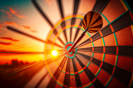 Arrow-struck target against background of rising sun as symbol of business goalsの素材