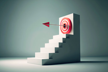Ladder with target at very top as symbol of movement towards business goalsの素材