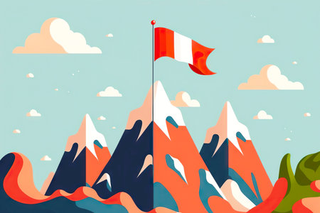 Isolated image of mountain with flag at top as symbol of challenge and achieving business goalsの素材