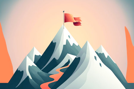 Isolated image of mountain with flag at top as symbol of challenge and achieving business goalsの素材