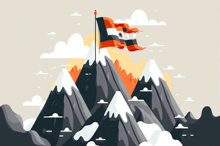 High mountain with flag developing from above as symbol of business goalsの素材
