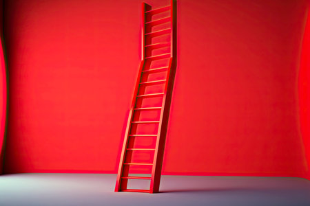 Bright red staircase leaning against wall as symbol of business goalsの素材