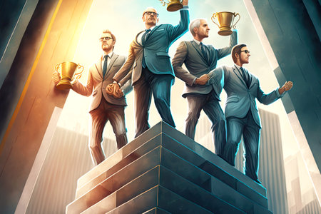 People conquering top of mountain as symbol of unity in achieving business goalsの素材