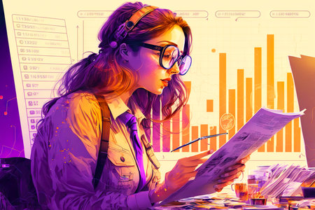 Girl with glasses plans and works on project of business goalsの素材